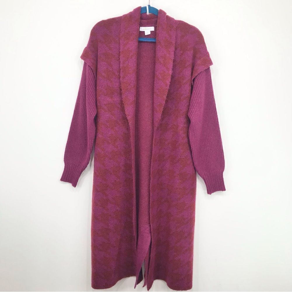 Liz Claiborne Magenta Houndstooth Knit Long Duster Cardigan Sweater